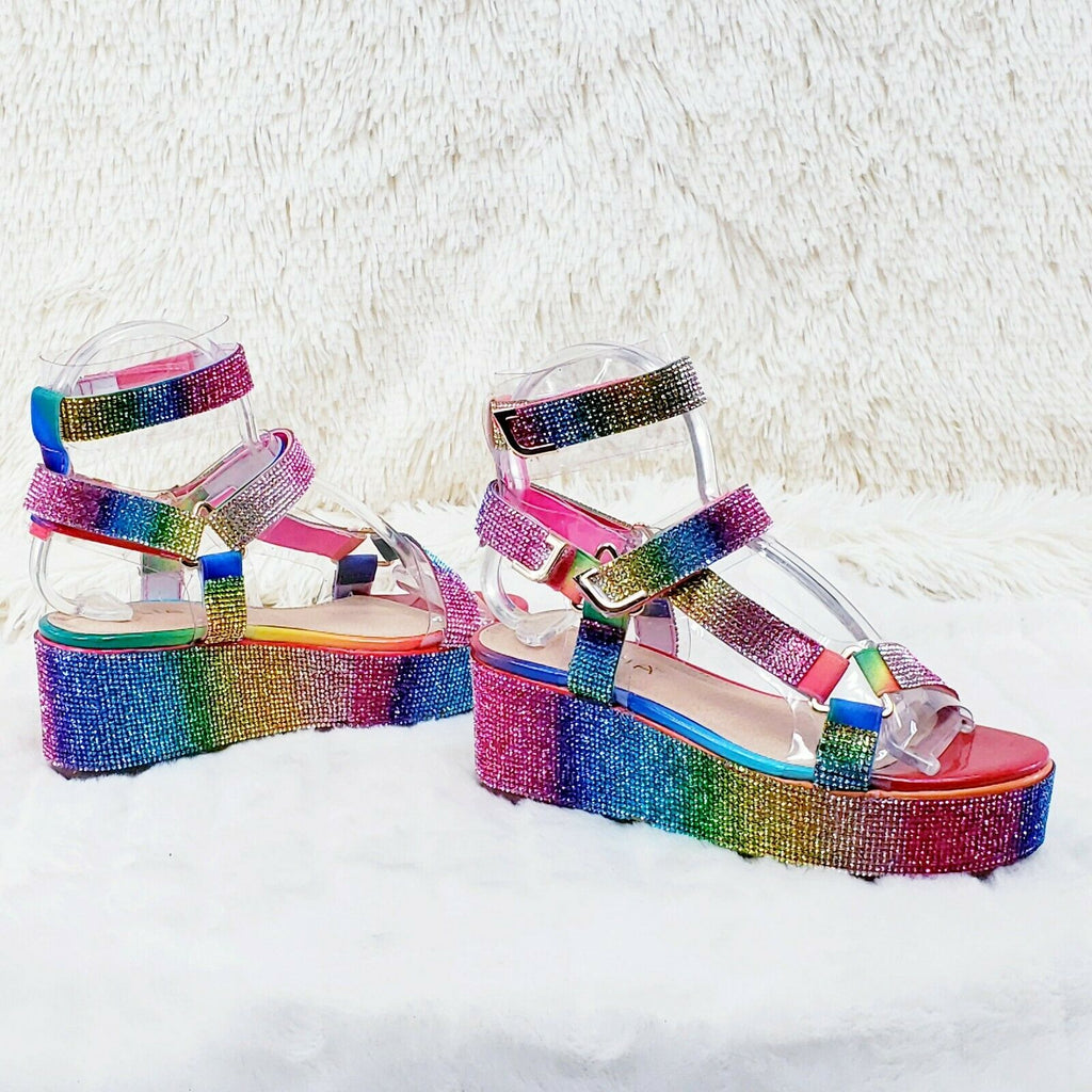 2" Flatform Harness Strap Rainbow Rhinestone Sandals Comfy New Shoes Restocked - Totally Wicked Footwear