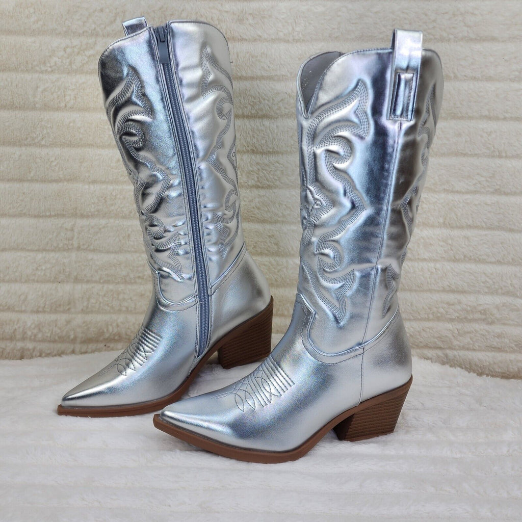 Disco Cowgirl Metallic Silver Cowboy Knee Boots Western Block Heels US Sizes - Totally Wicked Footwear