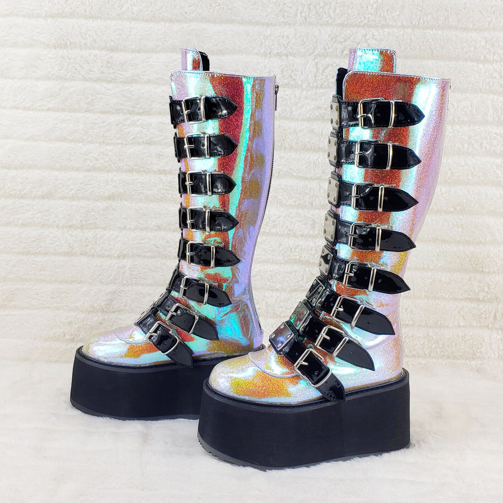 Damned 318 Multi Strap 3.5" Platform Cyber Punk Knee Boots Pink Hologram  NY - Totally Wicked Footwear