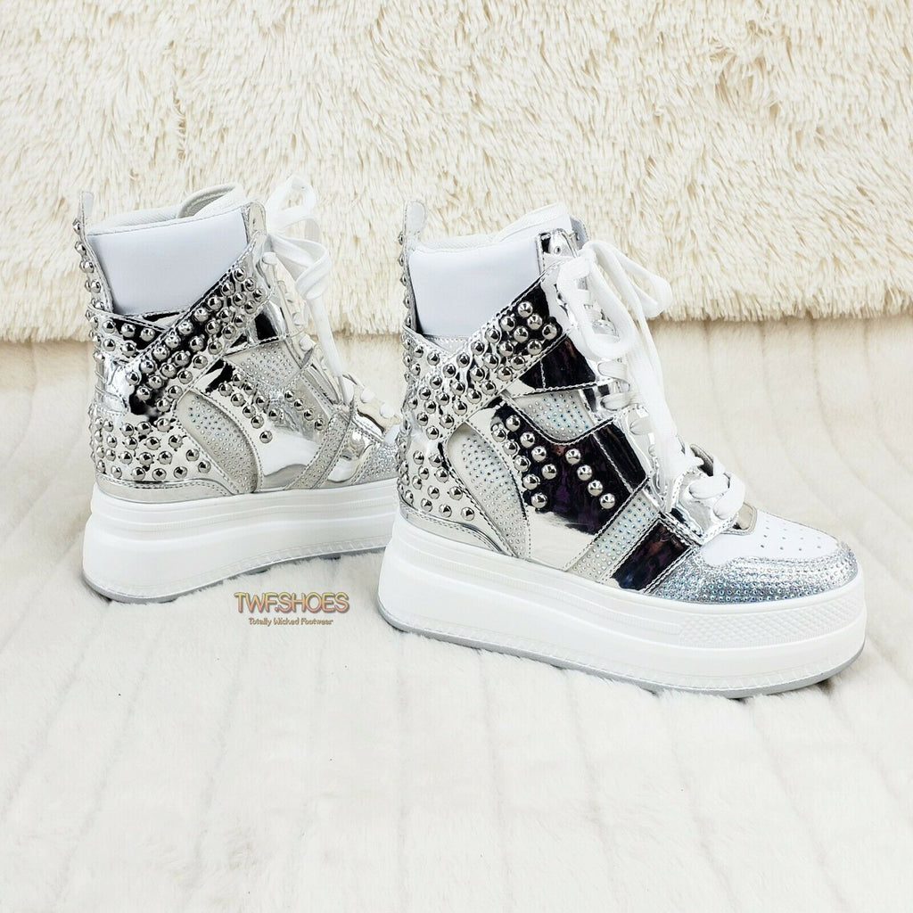 Wang Silver White Platform Sneaker Hidden Wedge Fashion Street Kicks - Totally Wicked Footwear