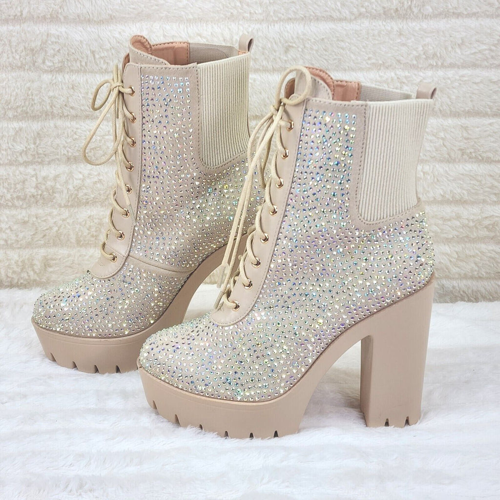 Barri Nude Beige Cream Rhinestone Chunky Heel Platform Ankle Boots - Totally Wicked Footwear
