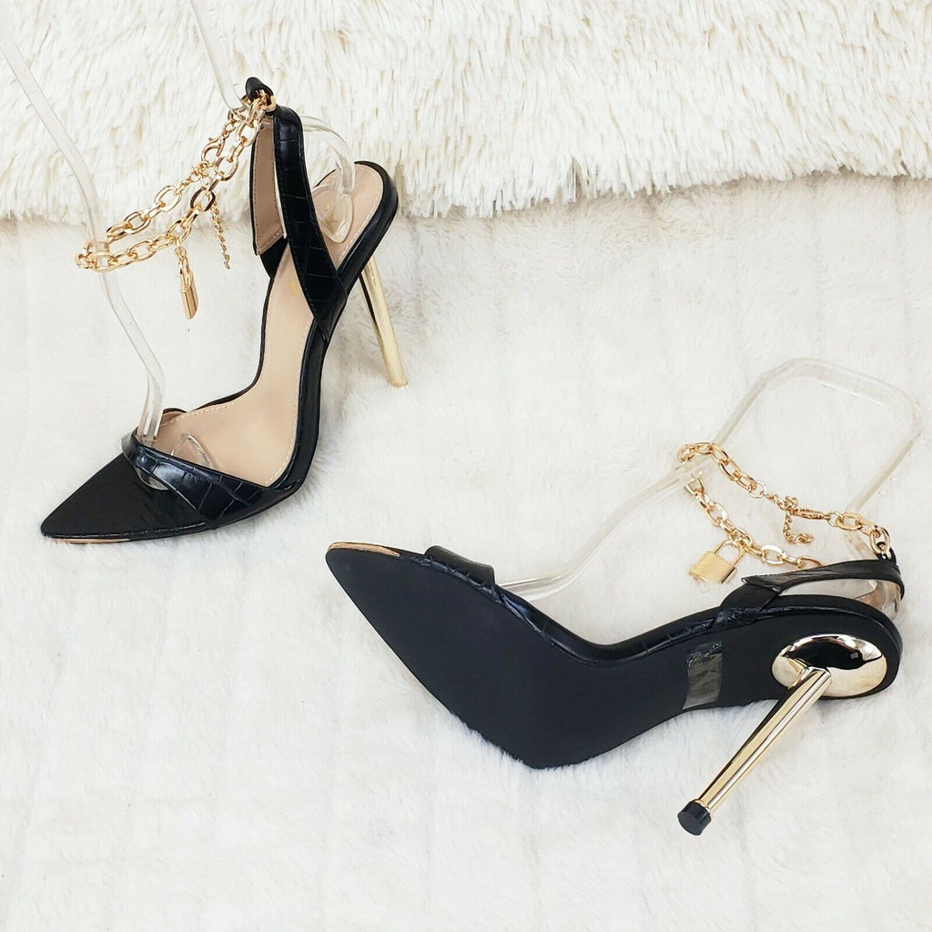 Nicely Pad Lock Chain Strap High Heels Metal Toe Tip Shoes Black - Totally Wicked Footwear