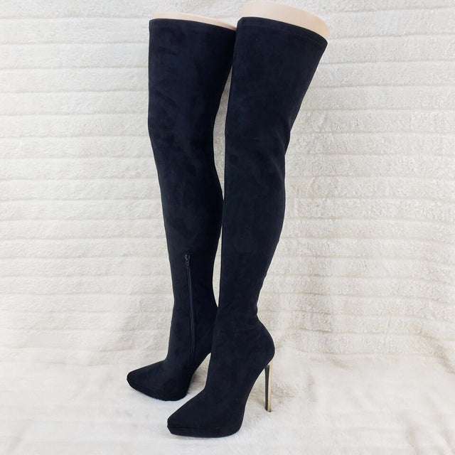 Sexy Girlz Faux Stretch Black Suede High Heel Pointy Toe Platform Thigh Boots - Totally Wicked Footwear