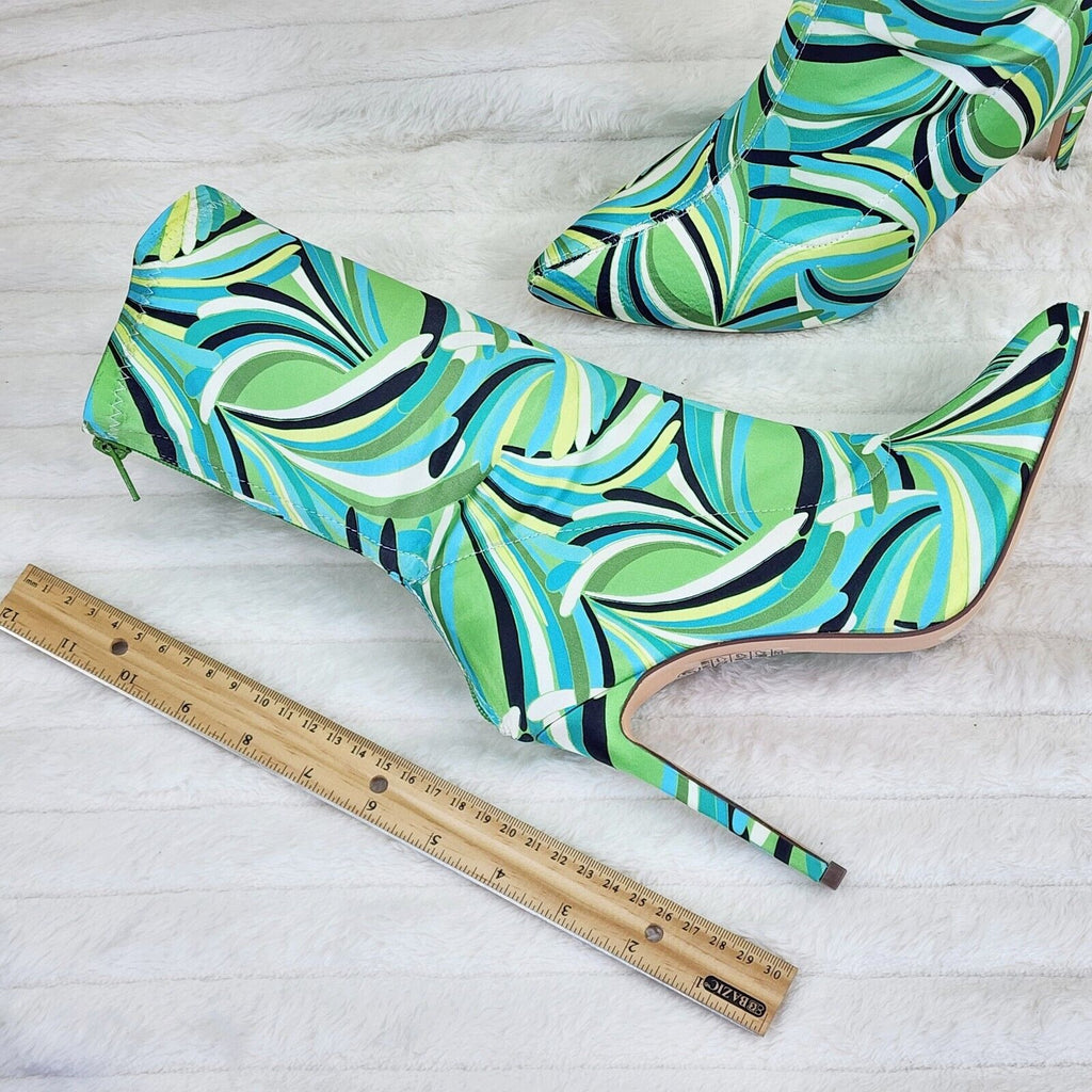 Odin Crazy Wild Color Pattern High Heel Stretch Fabric Ankle Boots - Green Blue - Totally Wicked Footwear