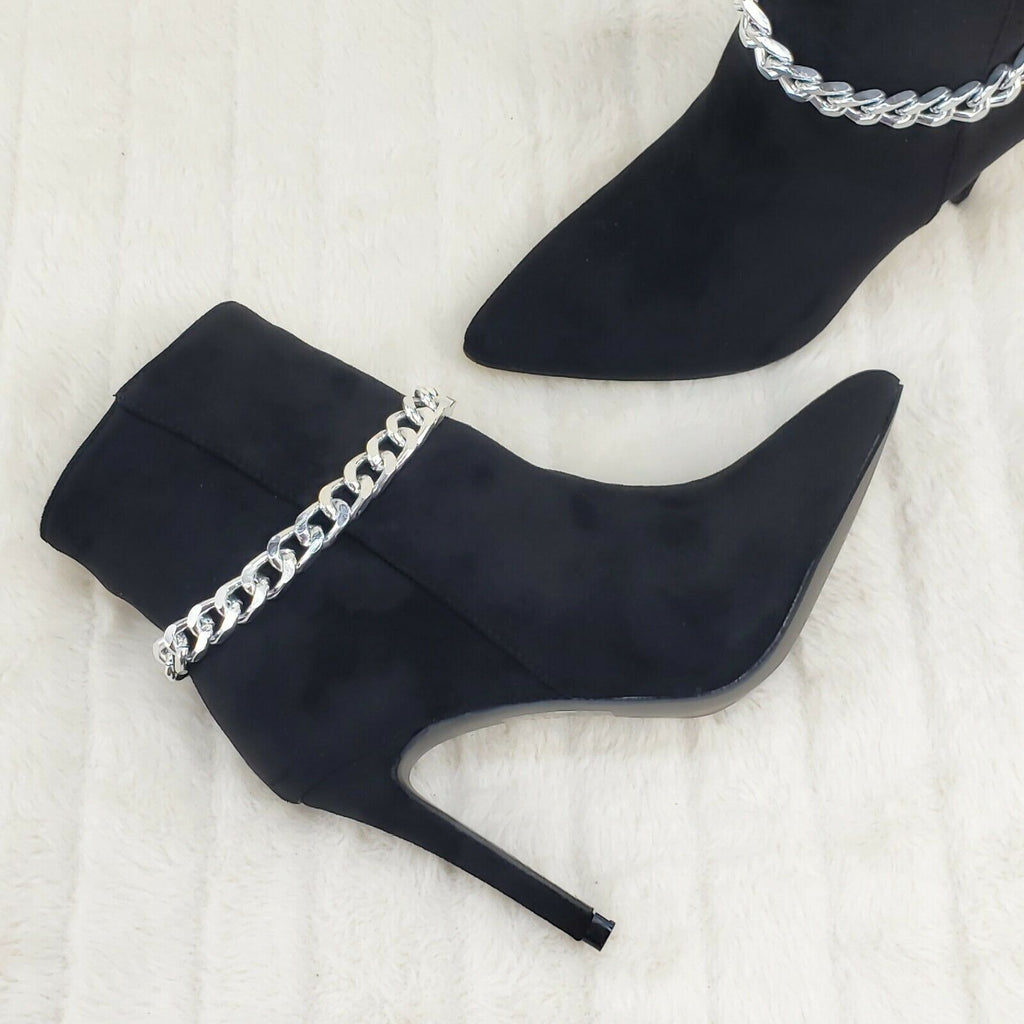 Mata Black FX Suede & Chain Sexy Pointy Toe 4" Stiletto High Heel Ankle Boots - Totally Wicked Footwear