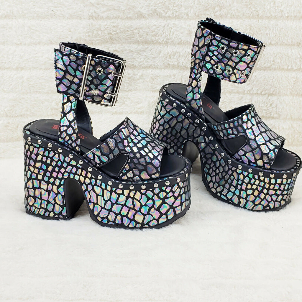 Camel 102 Stacked Black Hologram Platform Sandals Goth Punk 6-12 NY Demonia - Totally Wicked Footwear