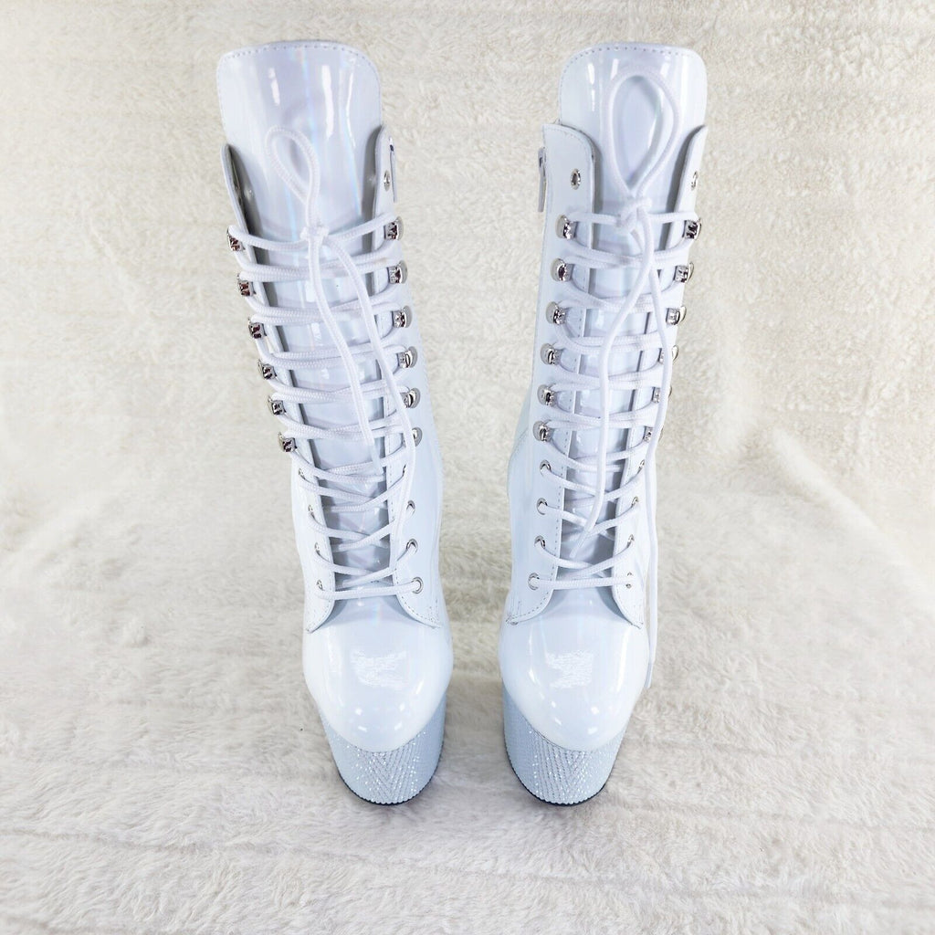 Bejeweled White Rhinestone Platform Lace Up Ankle Boots 7" High Heels IN HOUSE - Totally Wicked Footwear