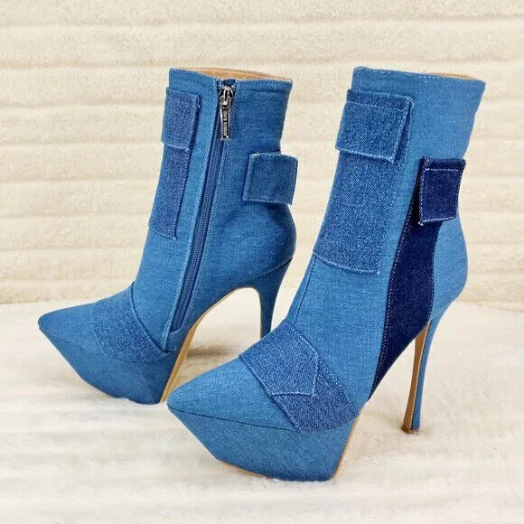 Kinder Pointy Toe Platform Stiletto Heel Ankle Boots Denim Patchwork - Totally Wicked Footwear