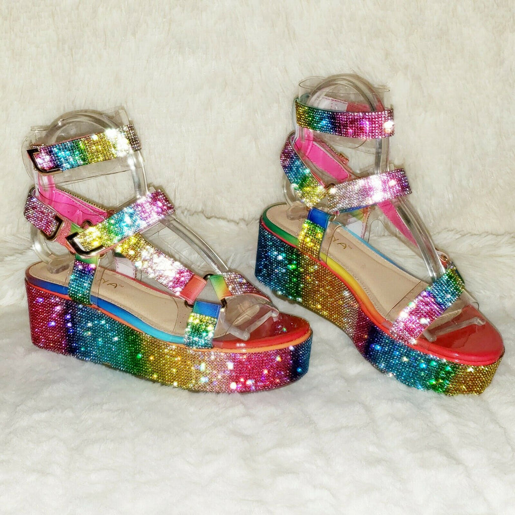 2" Flatform Harness Strap Rainbow Rhinestone Sandals Comfy New Shoes Restocked - Totally Wicked Footwear