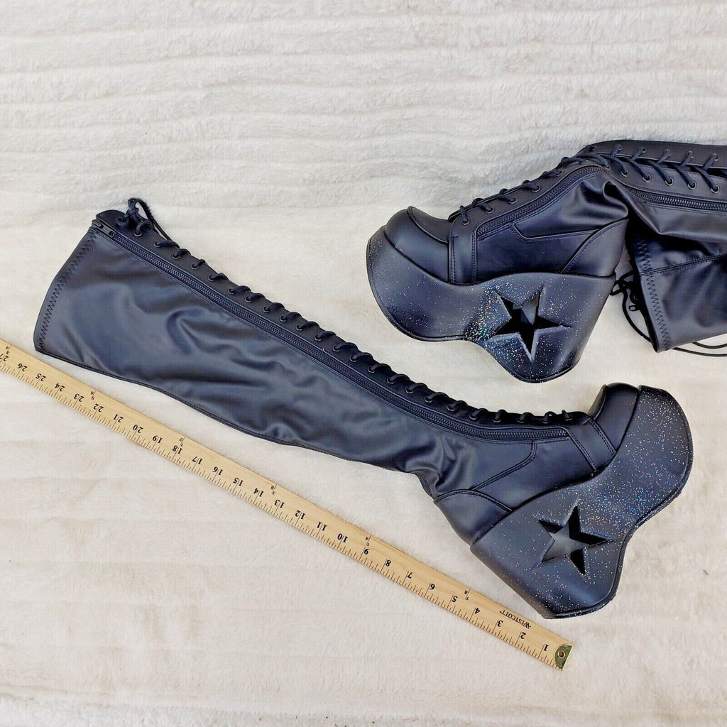 Dynamite 300 Platform 5" Star Heel Stretch Goth Punk Thigh Boots Black Matte NY - Totally Wicked Footwear