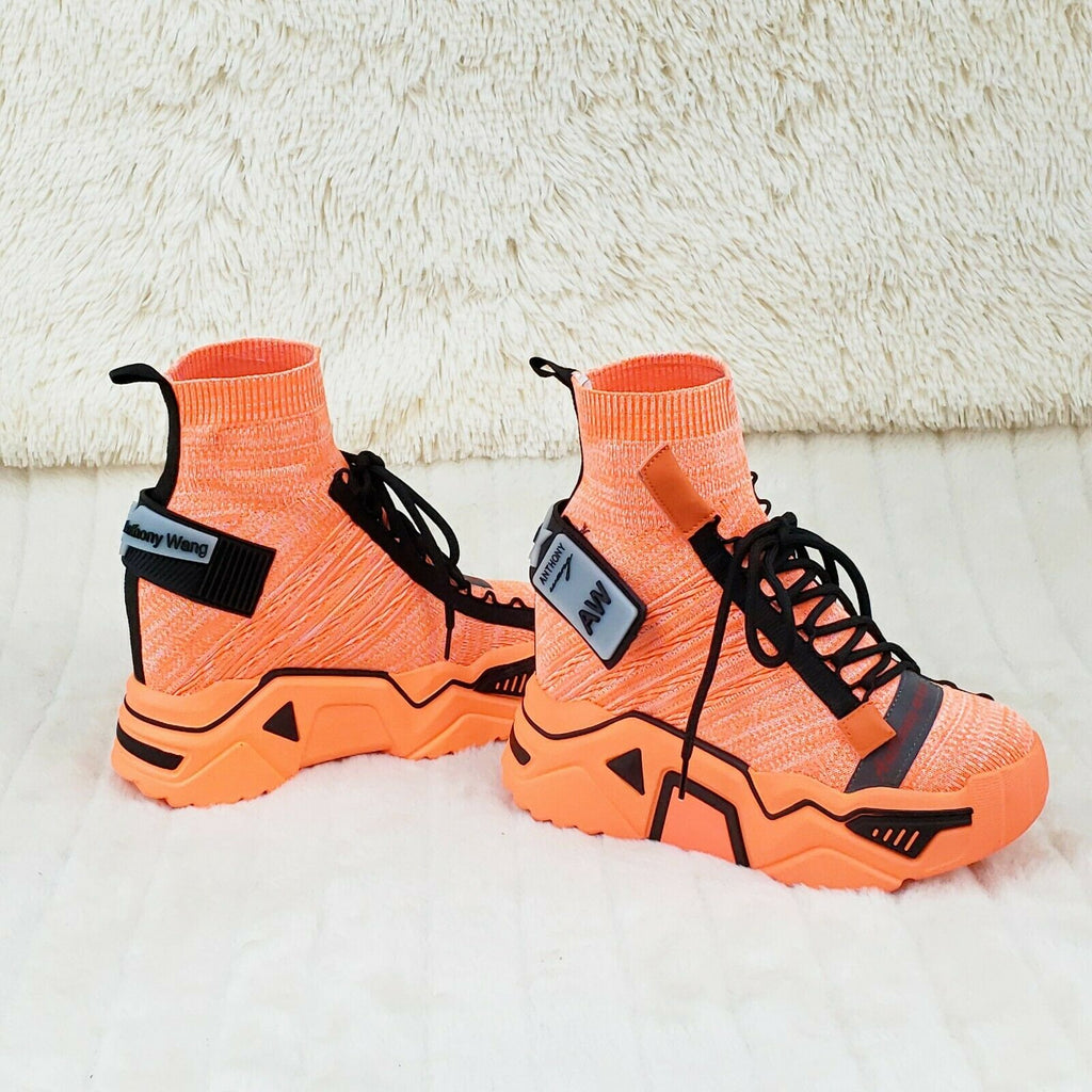 Wang Damson Pull On Knit Platform Sneaker Boots 4" Hidden Wedge Orange Knit - Totally Wicked Footwear