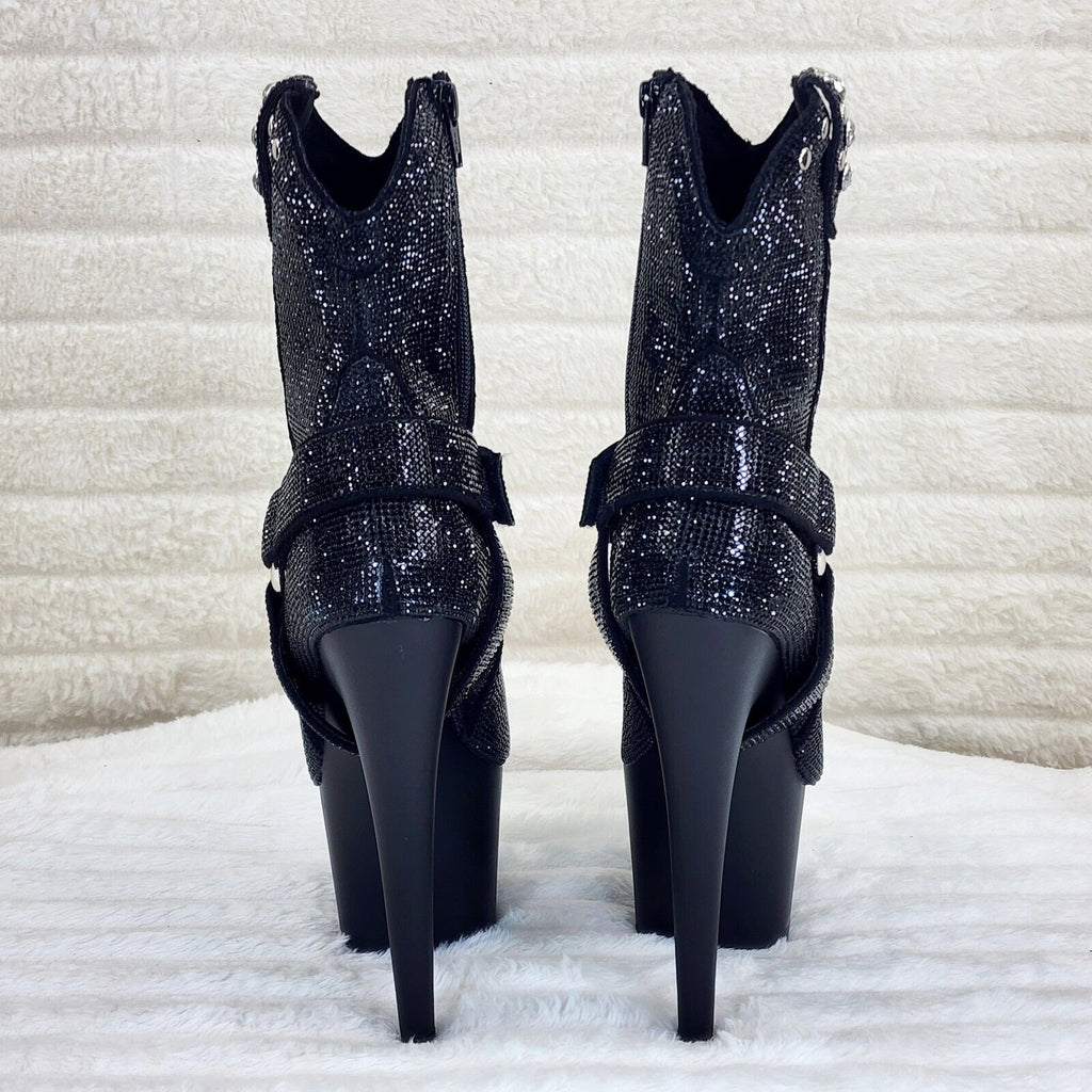 Adore 1029 Bejeweled Black Rhinestone 7" Heel Platform Cowgirl Ankle Boots - Totally Wicked Footwear