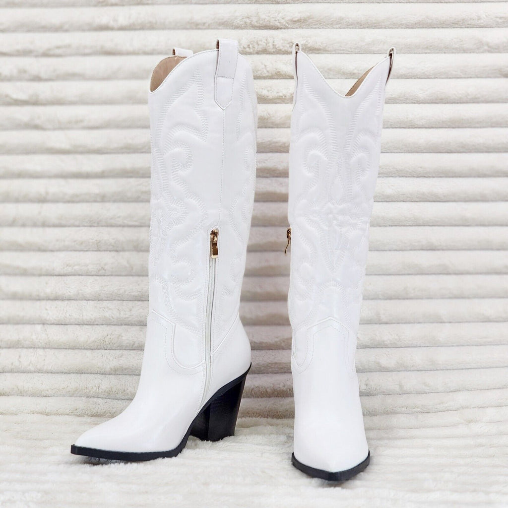 Electric Cowboy Brush Metallic Matte Western Knee High Cowgirl Boots Pearl White - Totally Wicked Footwear