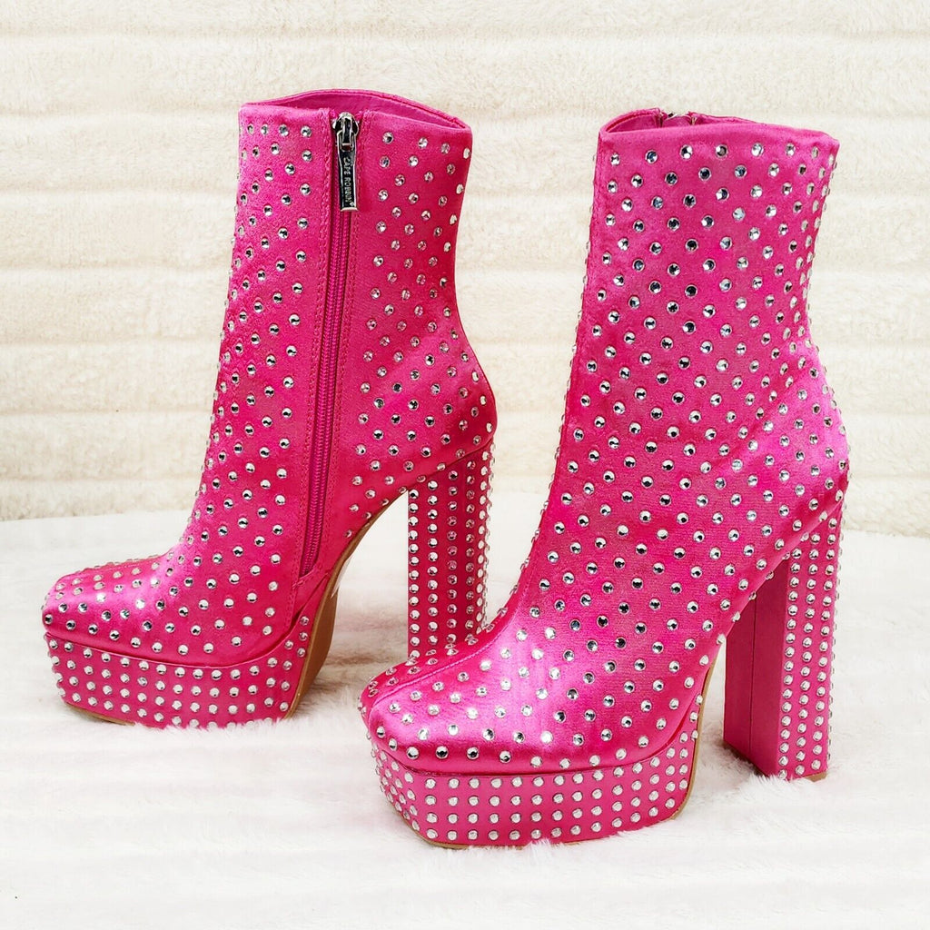 Fame Platform Chunky Block Heel Rhinestone Ankle Boots Hot Pink Satin Brand New - Totally Wicked Footwear