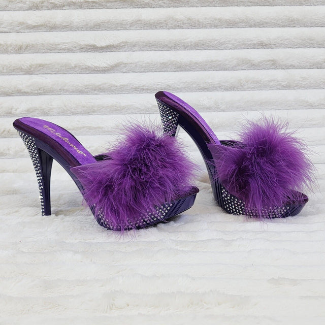 Elegance Marabou Feather Slip On Platform Sandals 5" Stiletto Heel Shoes Purple - Totally Wicked Footwear