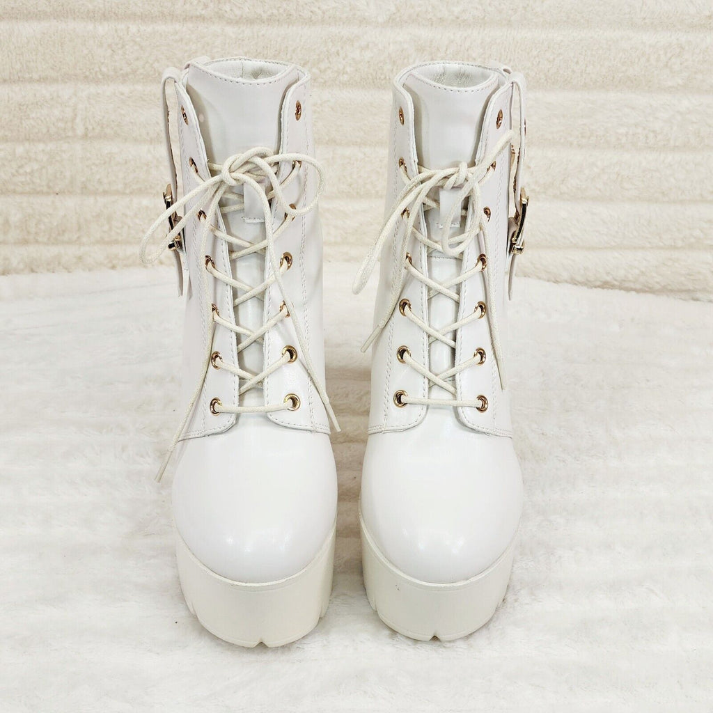Linda Off White Chunky Block Heel Lave Up Ankle Boots Brand New - Totally Wicked Footwear