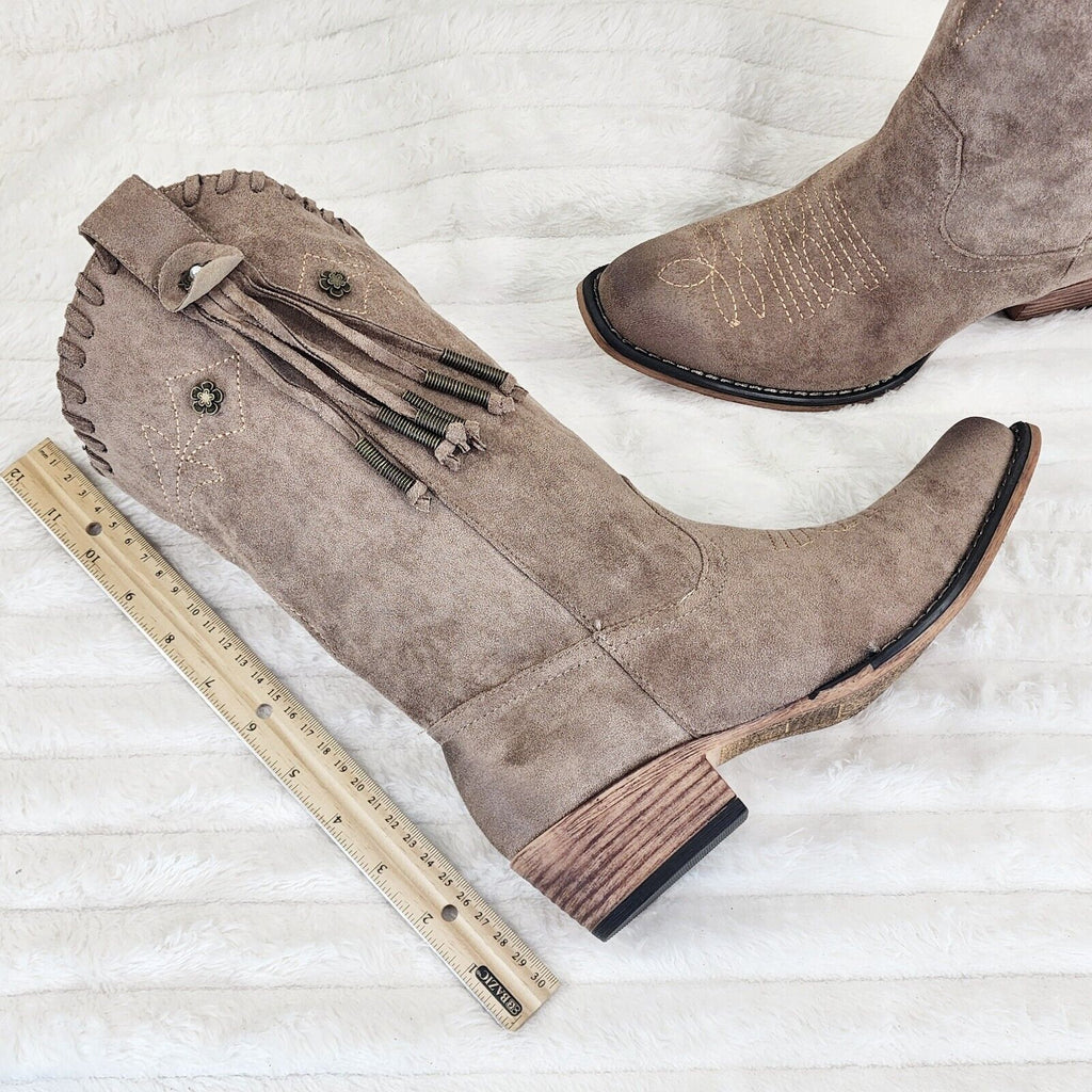 Prairie Girl Taupe Distressed Tassel Cowboy Cowgirl Pull On Mid Calf Boots - Totally Wicked Footwear