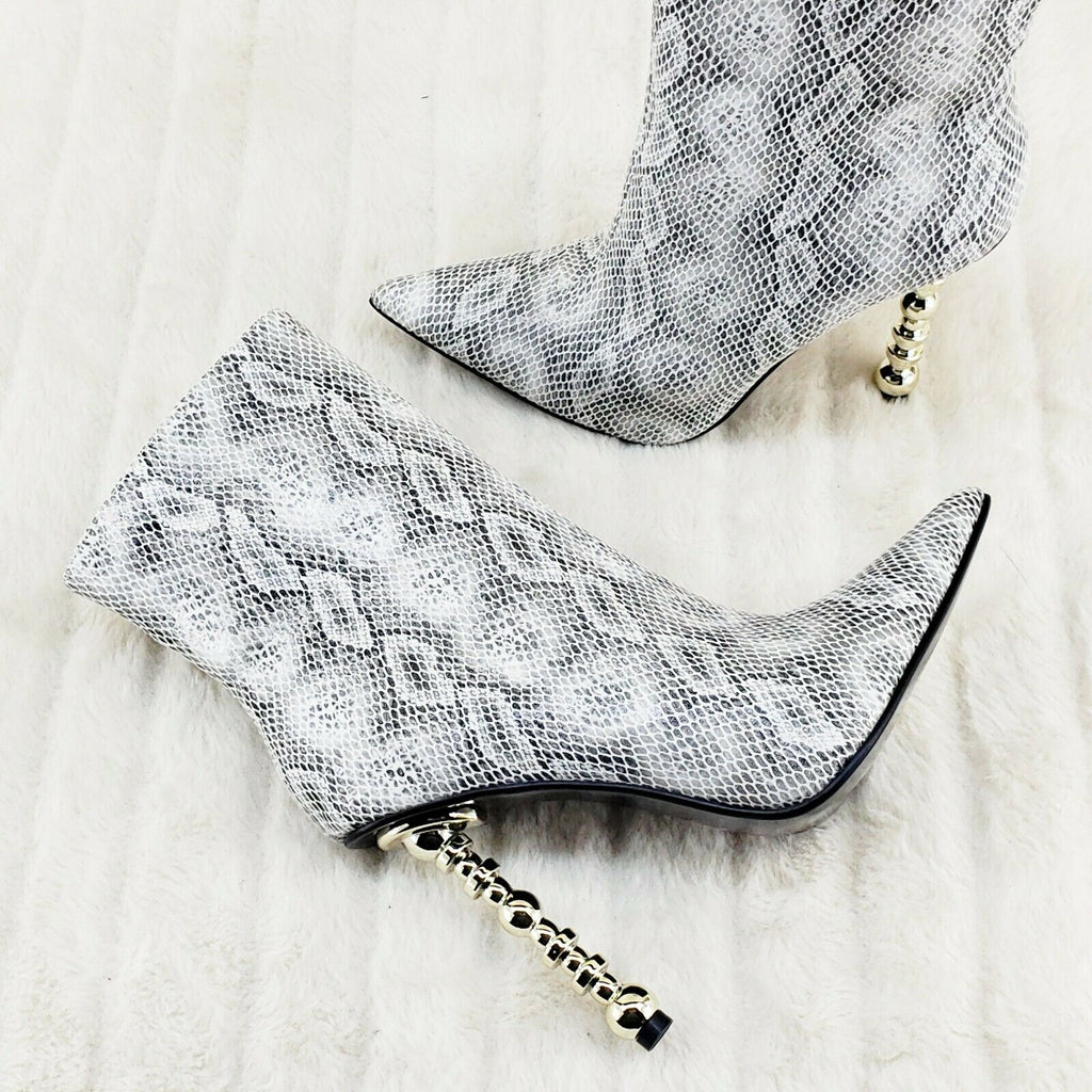 5" Geo Deco High Heel White Snake Print Pointy Toe Ankle Boots Shawna - Totally Wicked Footwear
