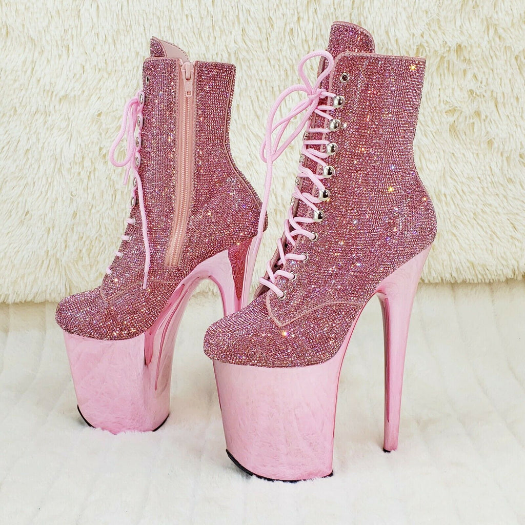 Baby Pink 1020CHRS Bejeweled Rhinestone 8" Heel Chrome Platform Ankle Boots NY - Totally Wicked Footwear