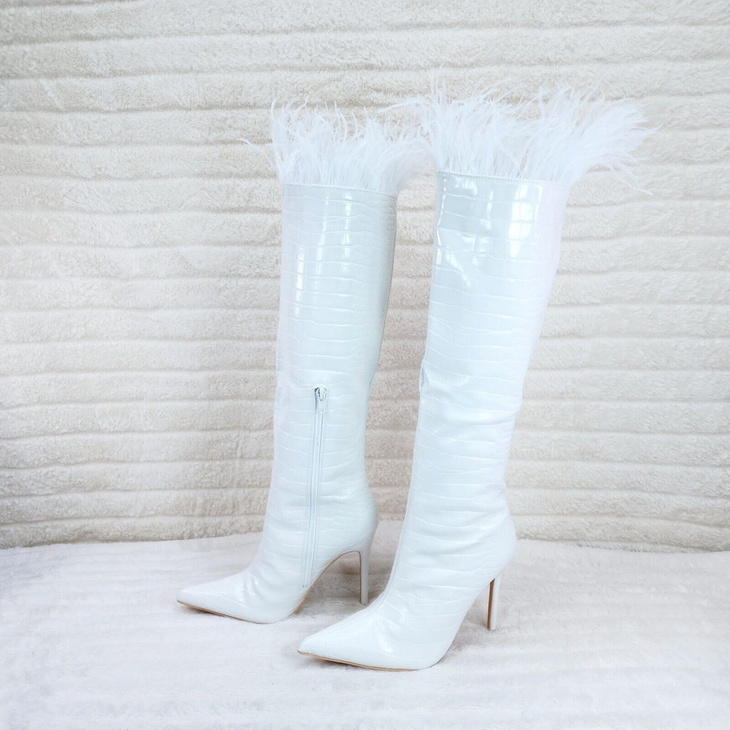 Flirty White Snake Texture Knee High Heel Stiletto Boots Sexy Feather Top - Totally Wicked Footwear
