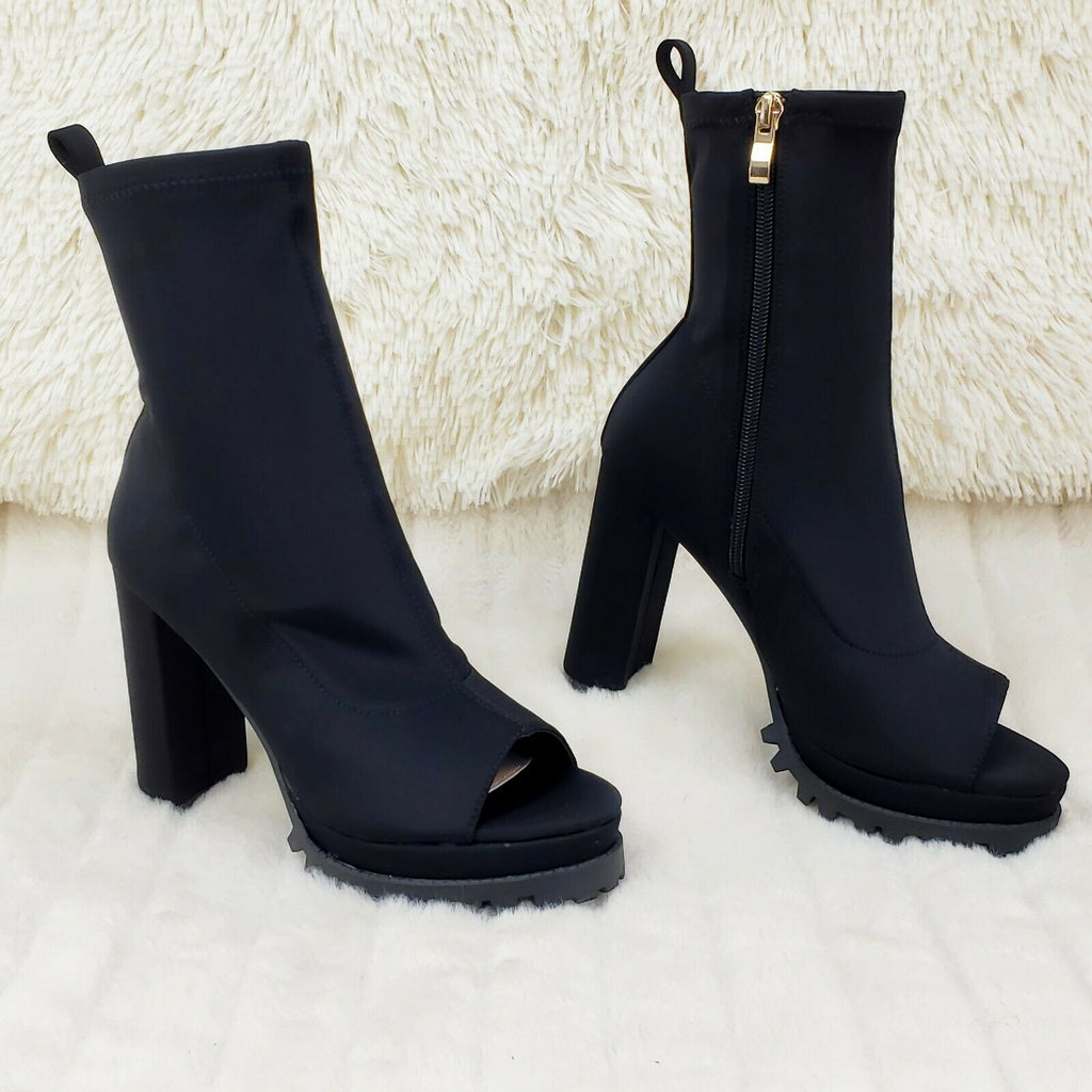 Natalie Black Chunky Heel Stretch Open Toe Lug Sole Ankle Boots - Totally Wicked Footwear