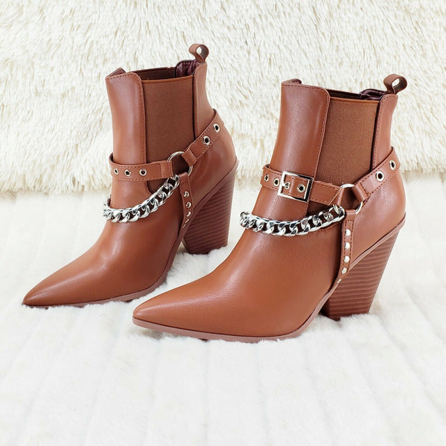 Dimitri Western Chain Strap Cowboy / Cowgirl Pull Ankle Boots Tan 6-11 - Totally Wicked Footwear