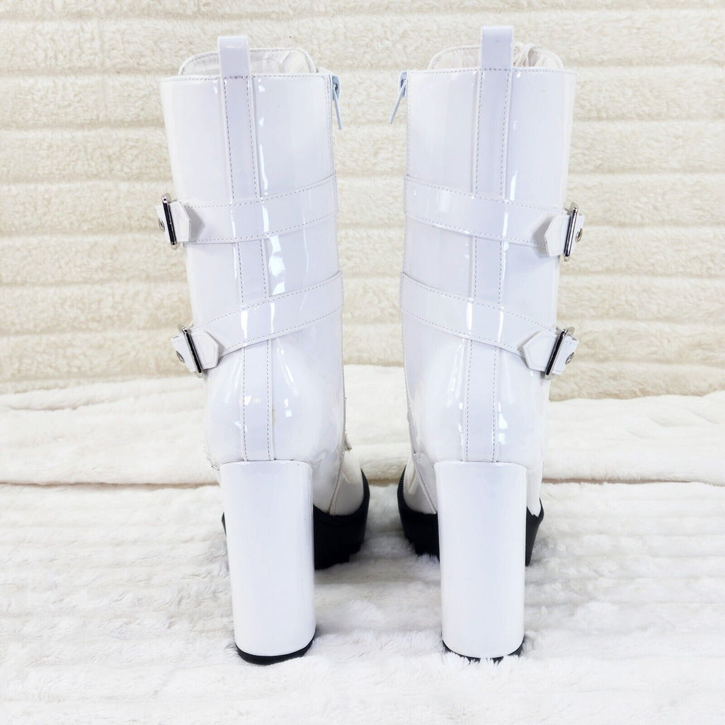 Bright White Patent Lug Sole Studded Strap Ankle Boots Temptress - Totally Wicked Footwear