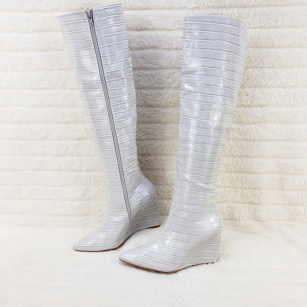 Ice White / Grey Reptile Texture Knee High Wedge Heel Boots Lexis - Totally Wicked Footwear