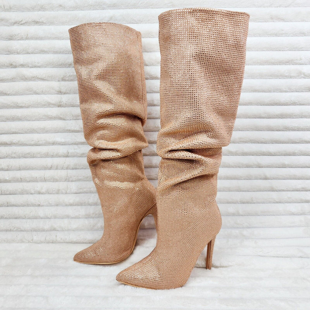 Radiant Nude Beige Rhinestone High Heel Stiletto Slouch Knee High Boots - Totally Wicked Footwear