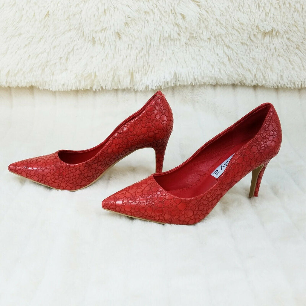 Monica Textured 3.5" Heel Pointy Toe Pump Shoes Red - Totally Wicked Footwear