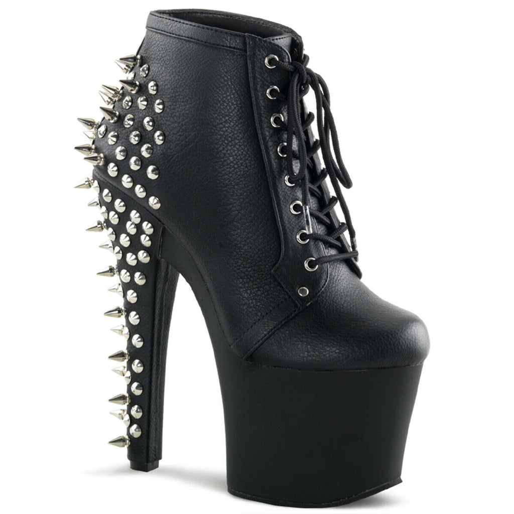 Fearless 700-28 Black Matte 7" Spiked Stud High Heel Platform Ankle Boots - Totally Wicked Footwear