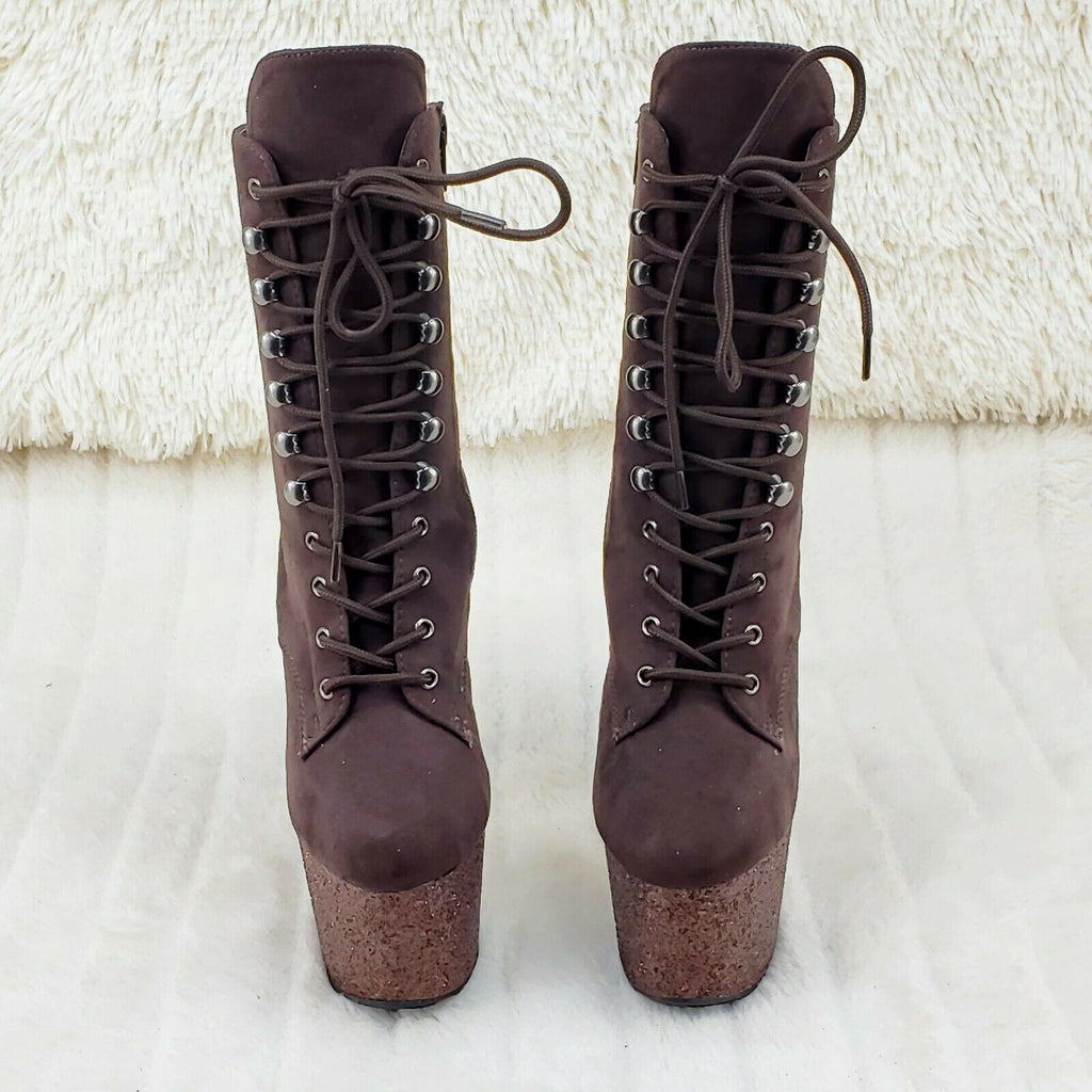 Adore 1020FSMG Brown Mocha V Suede & Glitter 7" High Heel Platform Ankle Boot NY - Totally Wicked Footwear