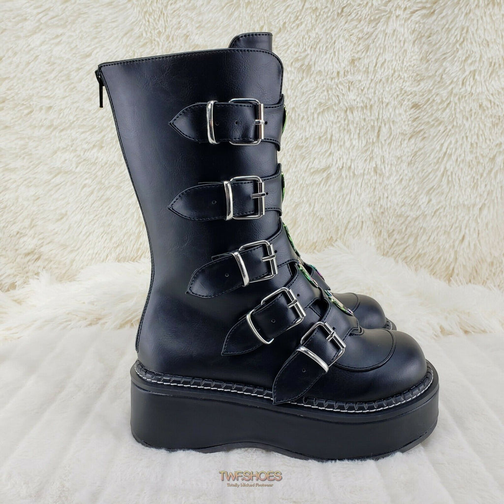 Demonia Emily 330 Black Matte 2" Platform Metal Heart Plate Combat Boots 6-12 NY - Totally Wicked Footwear