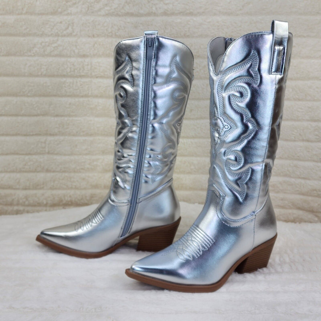 Disco Cowgirl Metallic Silver Cowboy Knee Boots Western Block Heels US Sizes - Totally Wicked Footwear