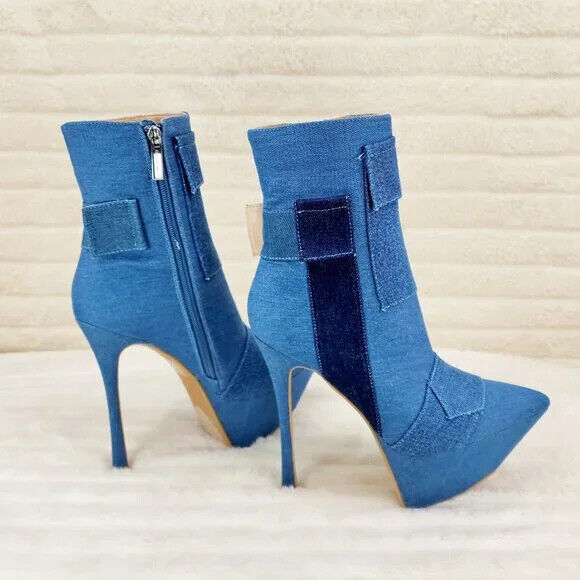 Kinder Pointy Toe Platform Stiletto Heel Ankle Boots Denim Patchwork - Totally Wicked Footwear