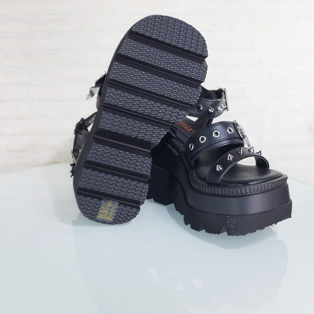 Shaker 13 Black Out Patent 4.5" Wedge Heel Gothic Sandals Studs And Charms NY - Totally Wicked Footwear