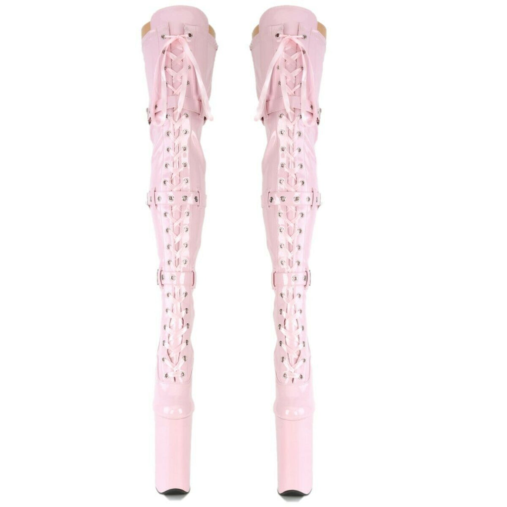 Beyond 3028 Lace Up Thigh High Baby Pink Patent Boots 10" Heels US Sizes NY - Totally Wicked Footwear