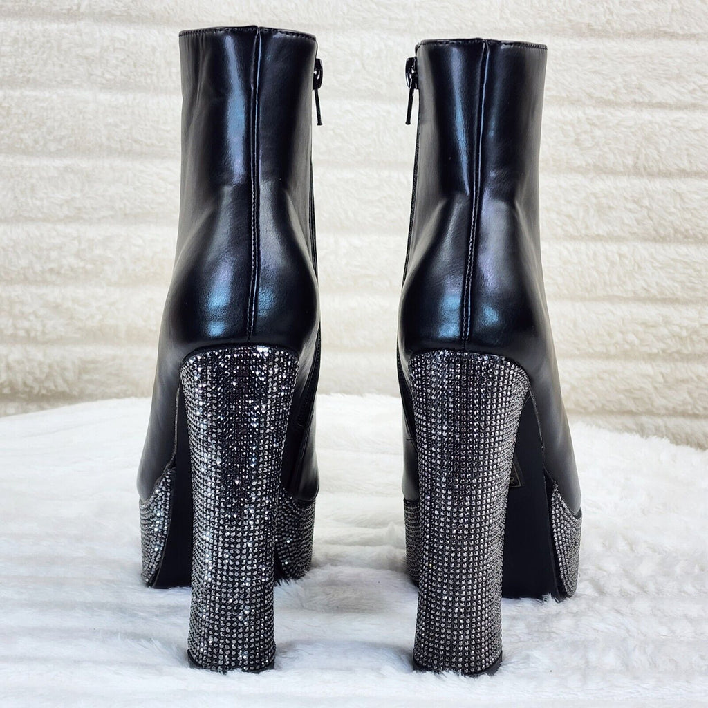 Nikki BLack Leatherette Rhinestone Platform Chunky Heel Ankle Boots - Totally Wicked Footwear
