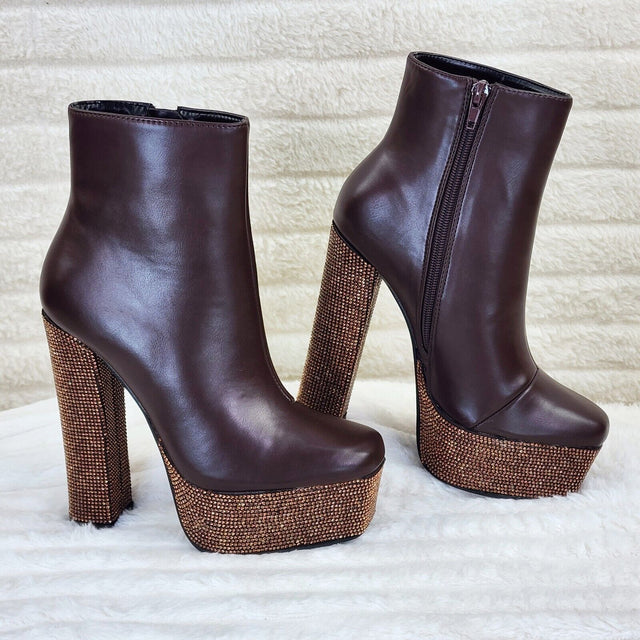Nikki Brown Leatherette Rhinestone Platform Chunky Heel Ankle Boots - Totally Wicked Footwear
