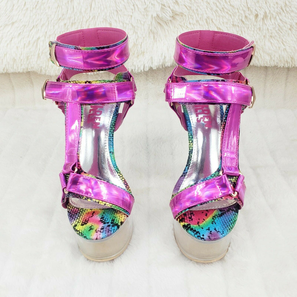 Xapala Fuchsia Hologram Harness Strap Clear Platform Shoes - Totally Wicked Footwear