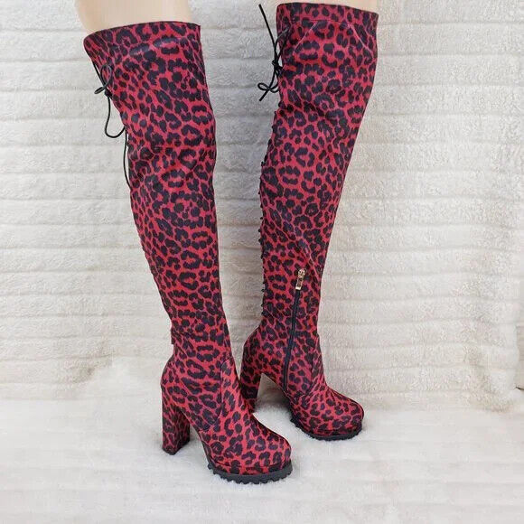 Fever Red Leopard Stretch Lace Up Back OTK Chunky Heel Boots Lug Sole - Totally Wicked Footwear