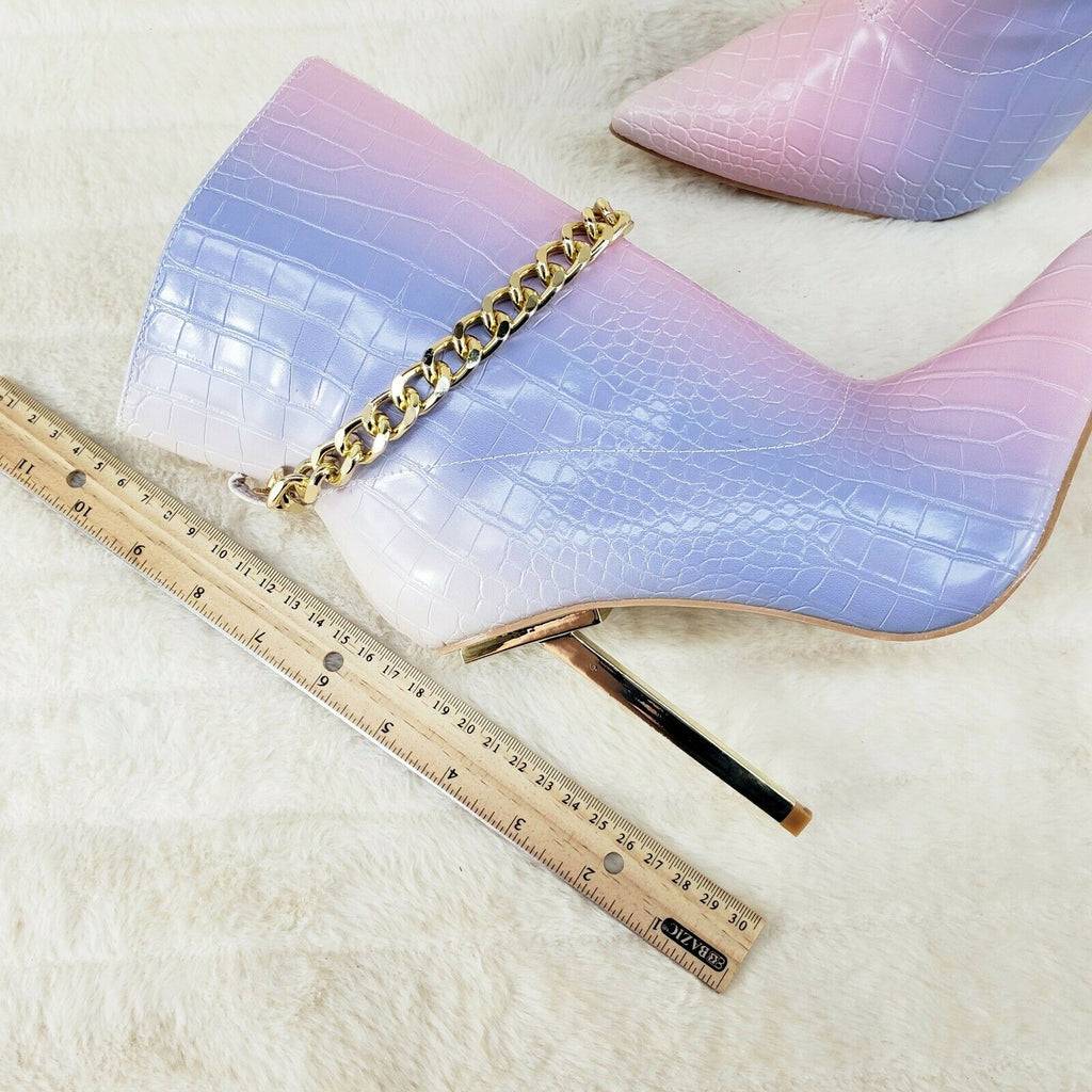 Venomous Pink Lilac Pointy Toe Spike Stiletto Heel Ankle Boots Gold Tone Chain - Totally Wicked Footwear