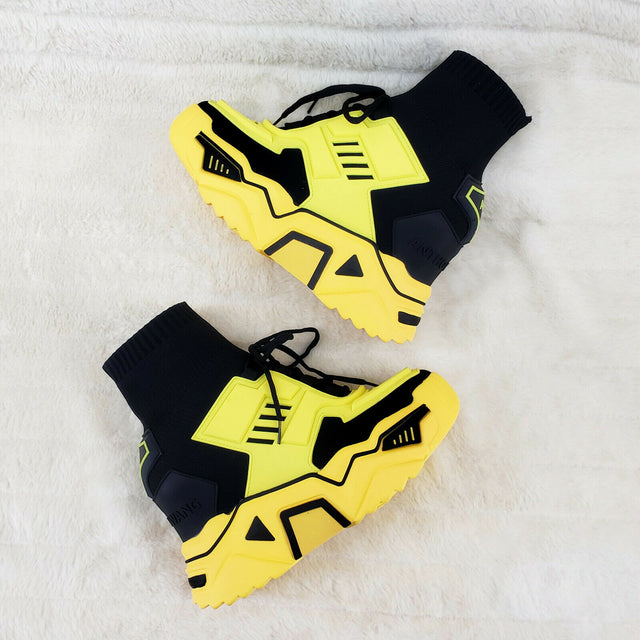 Wang Damson Pull On Knit Sock Platform Sneakers Hidden Wedge Black/Yellow - Totally Wicked Footwear