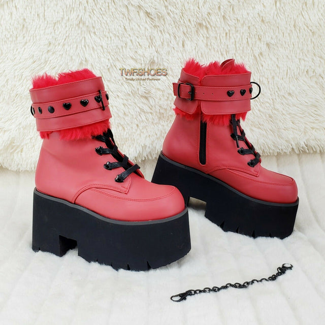 Ashes 57 RED Heart Studs 3.5" Platform Goth Boots Fur Lined Cuffs & Chain NY - Totally Wicked Footwear