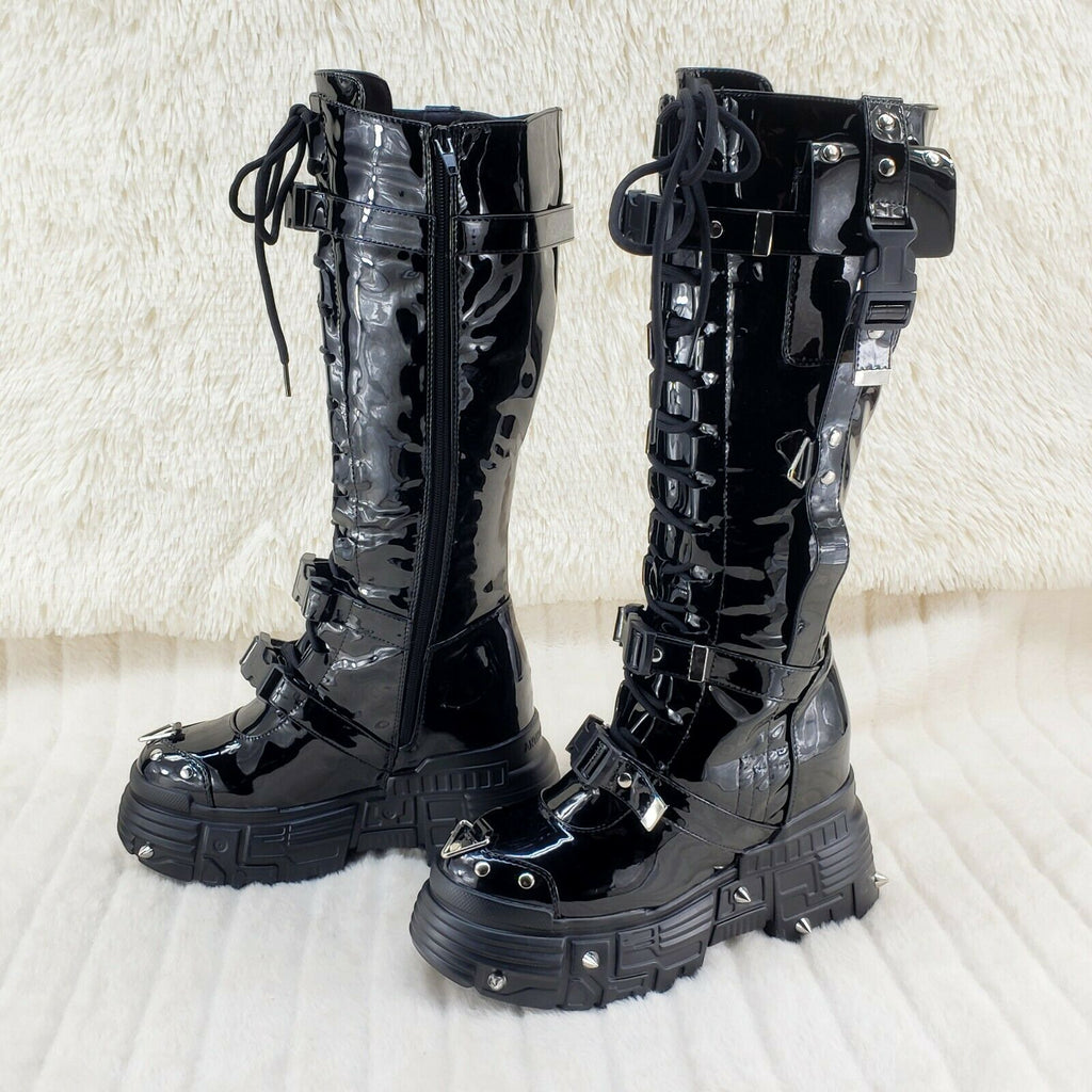 Wang Black Patent Punk Festival 2" Platform 4.5" Wedge Knee Boot Space Cookies - Totally Wicked Footwear