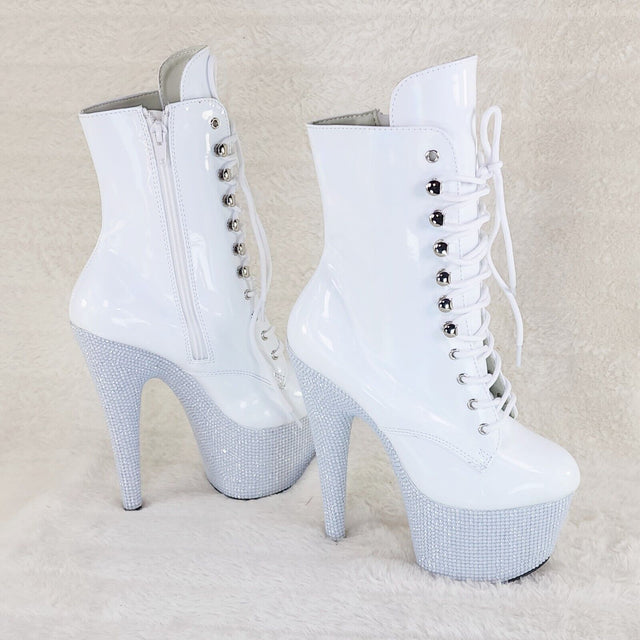 Bejeweled White Rhinestone Platform Lace Up Ankle Boots 7" High Heels IN HOUSE - Totally Wicked Footwear