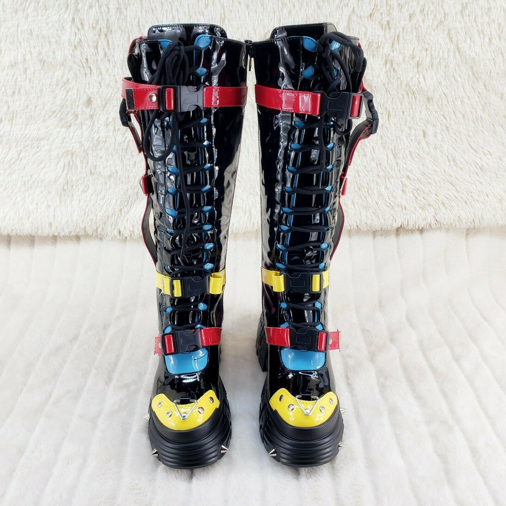 Wang Black Patent Punk Festival 2" Platform 4.5" Wedge Knee Boots Space Cookies - Totally Wicked Footwear