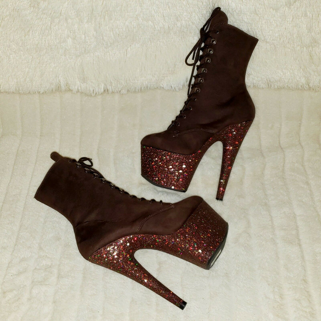 Adore 1020FSMG Brown Mocha V Suede & Glitter 7" High Heel Platform Ankle Boot NY - Totally Wicked Footwear