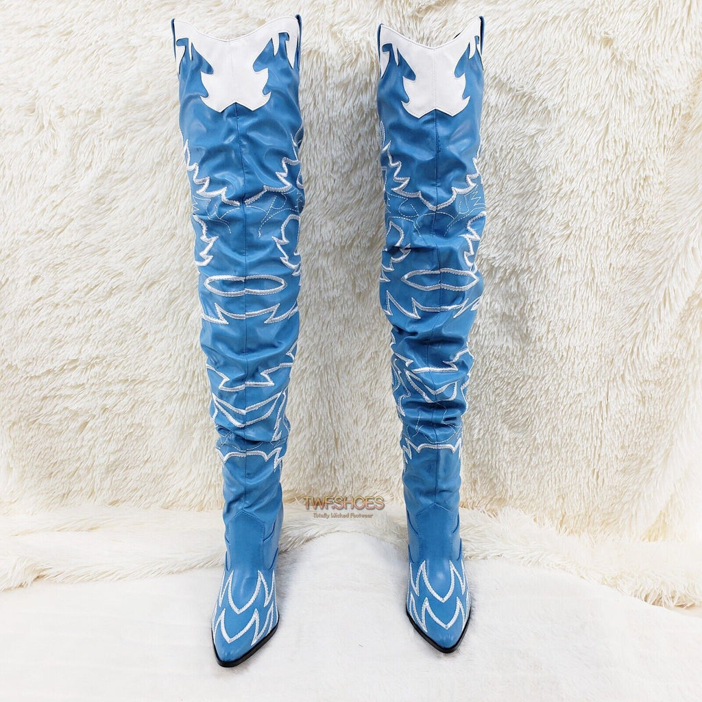 Kelsey 21 Rock Star Turquoise & White Western Slouch OTK Thigh High Cowboy Boots - Totally Wicked Footwear