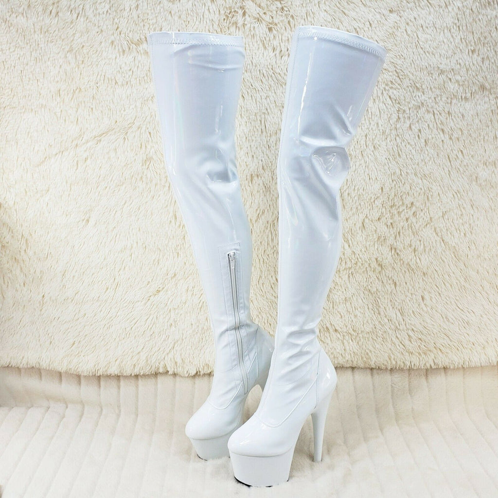 ADORE 3000 White Hologram Patent Over The Knee Platform Thigh Boot 7" Heel 5 -14 - Totally Wicked Footwear